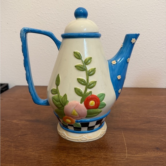 Mary Engelbreit Floral Teapot Enesco 2003 Blue Checkerboard - Picture 4 of 7